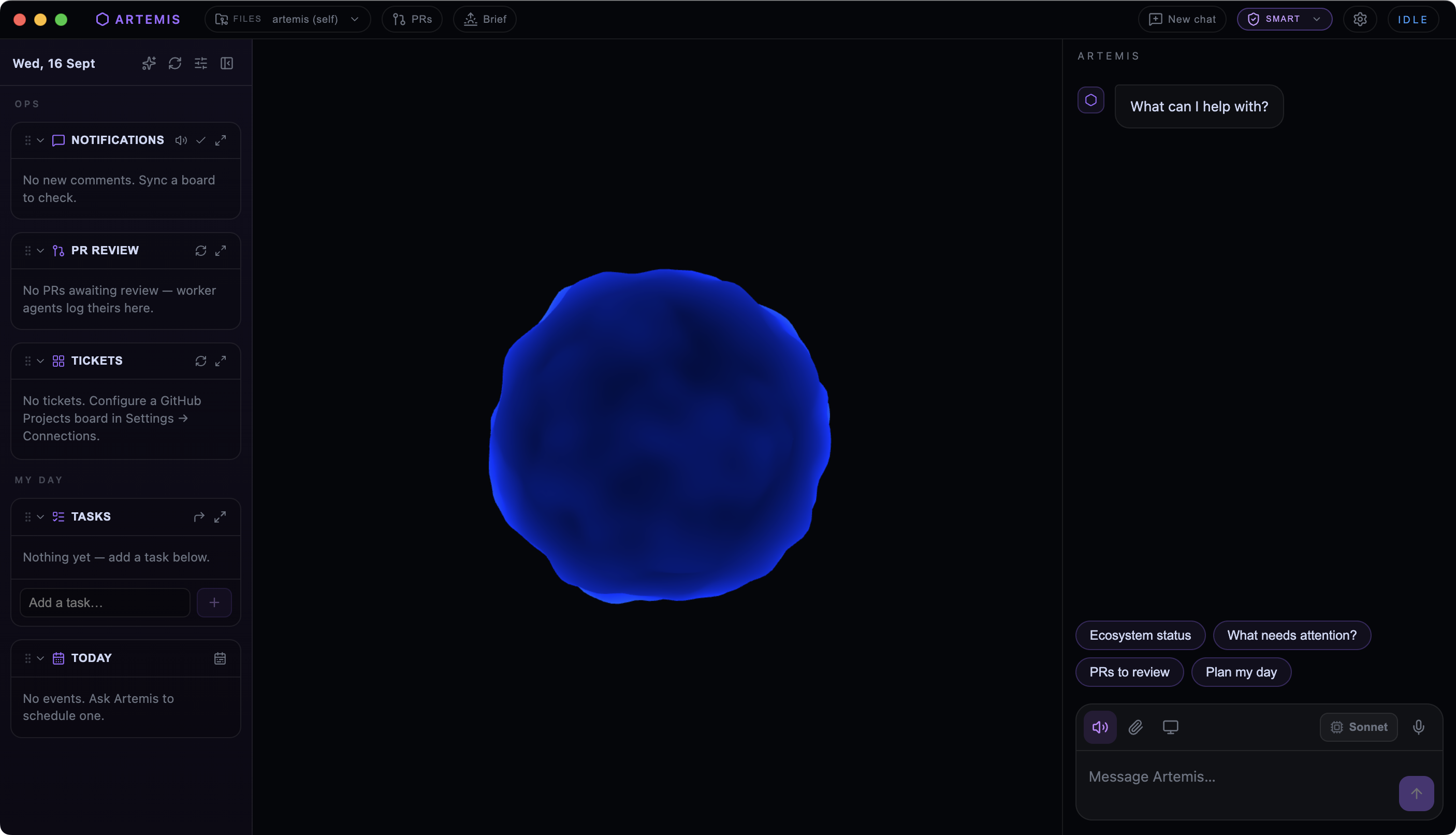 Artemis desktop application showing the 3D orb, operations panels, PR review queue and chat interface.