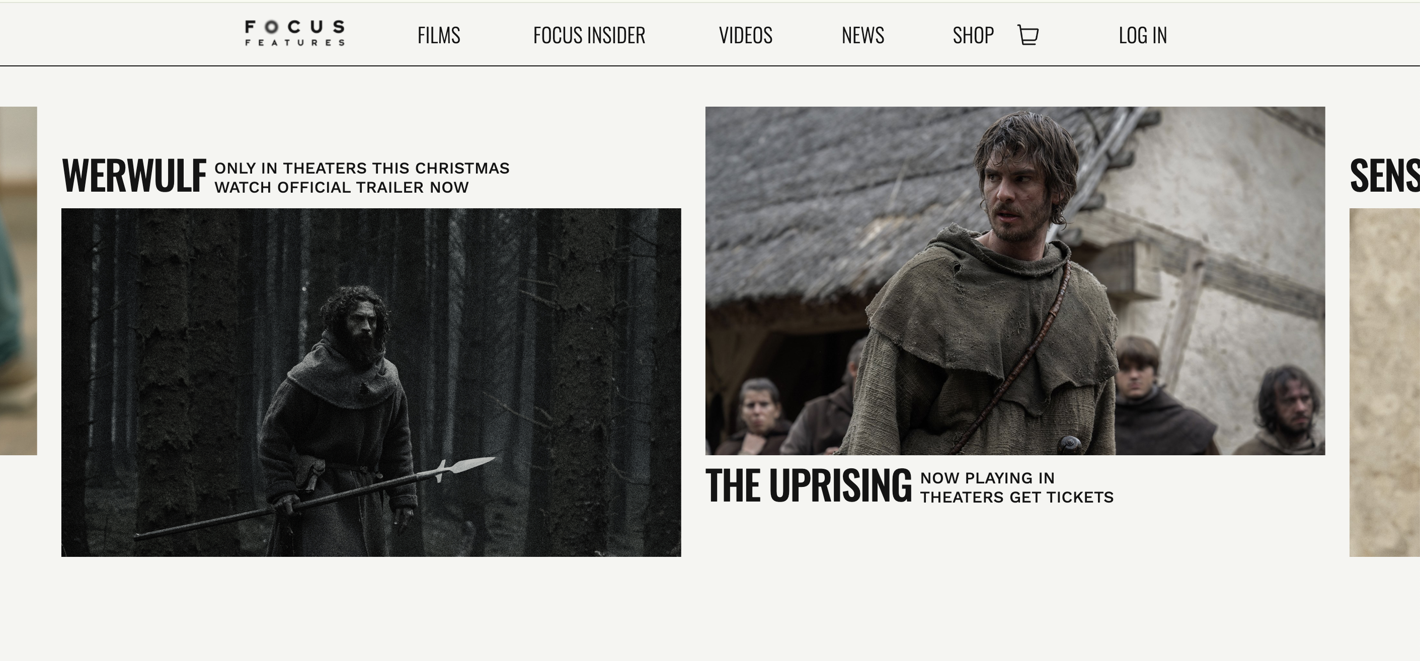 Focus Features website showing Werwulf and The Uprising film listings.