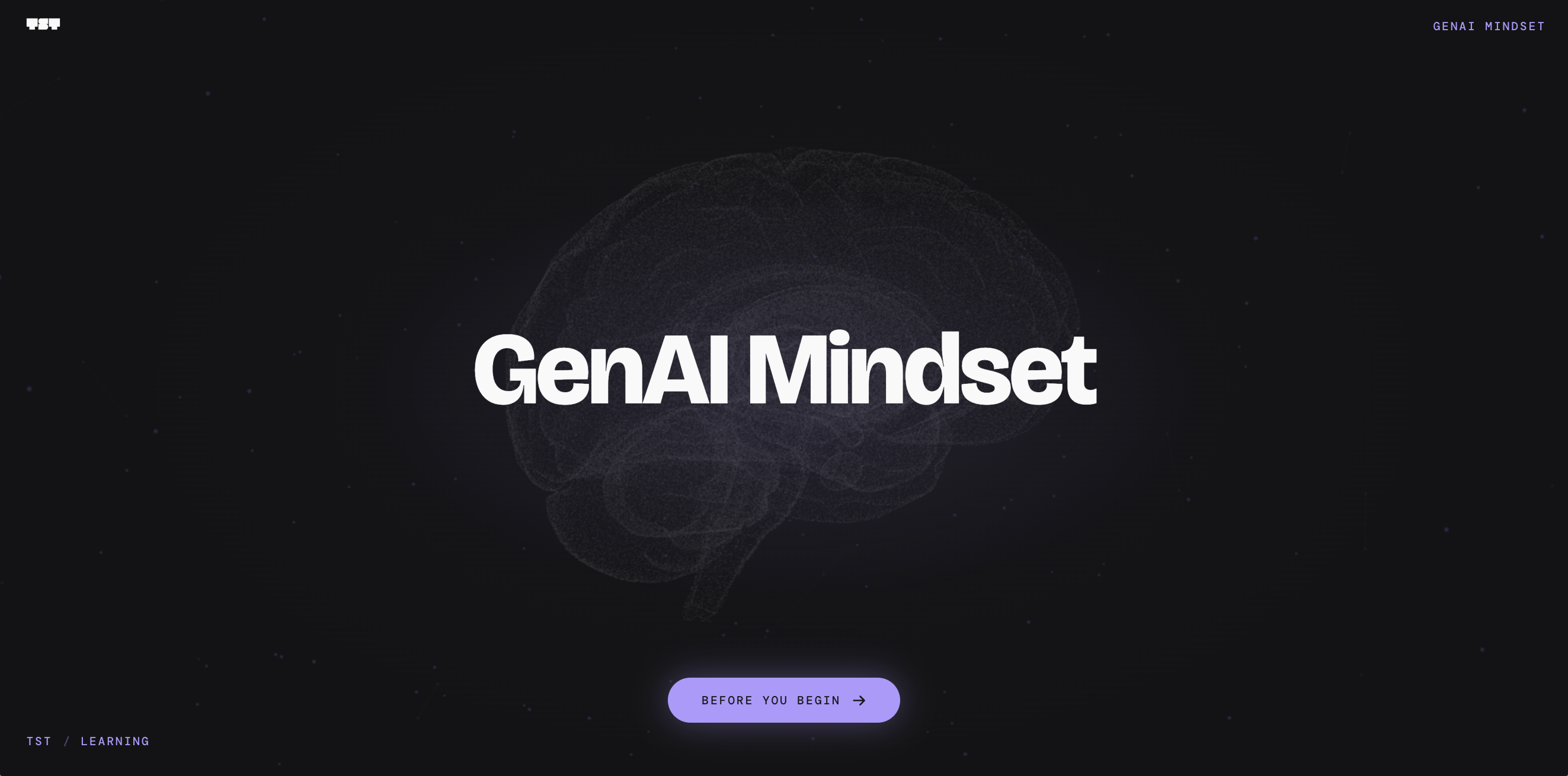 GenAI Mindset learning platform landing page showing a wireframe brain model and the title GenAI Mindset.