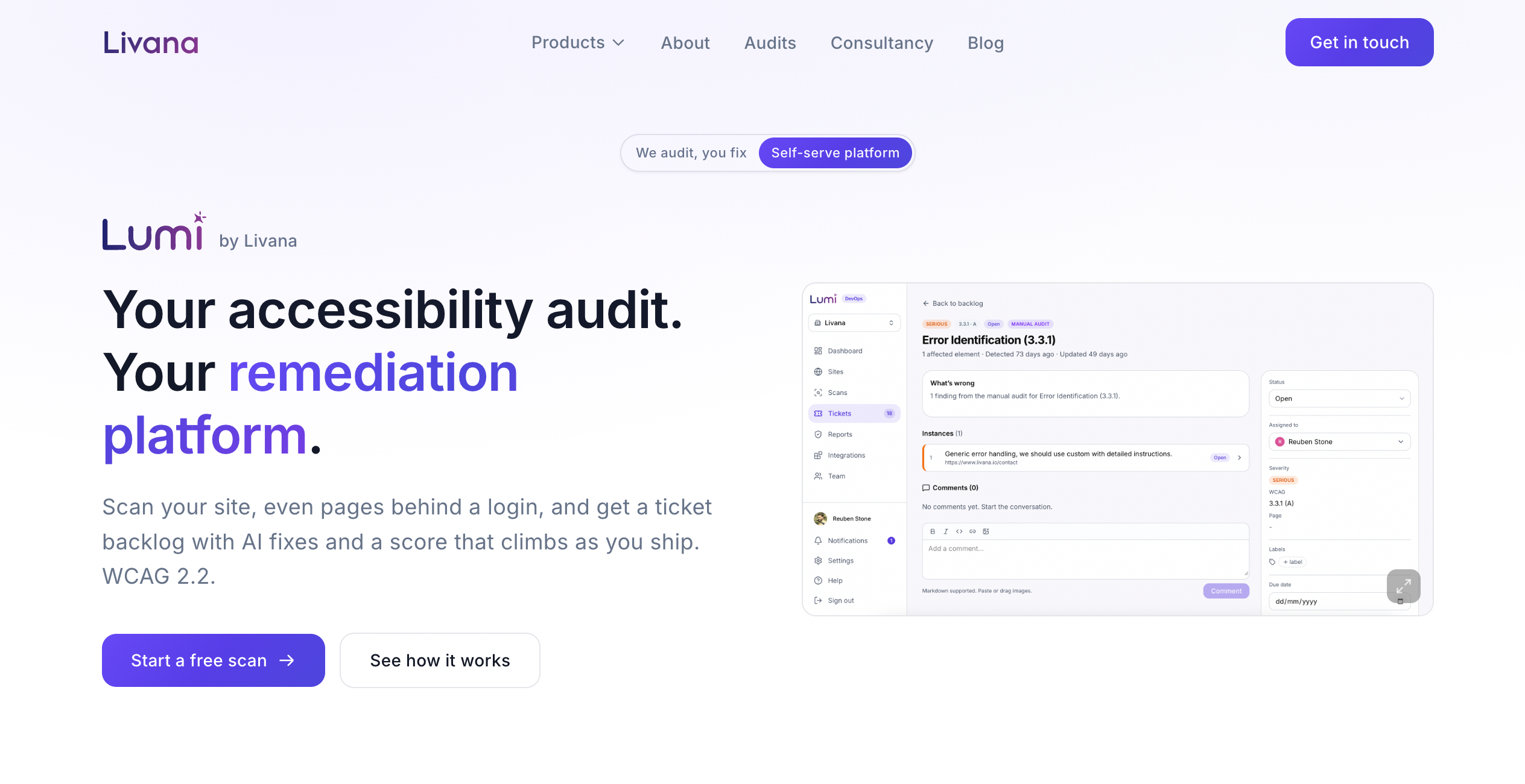 Lumi by Livana landing page showing the managed audit hero with a ticket detail view of an Error Identification finding.