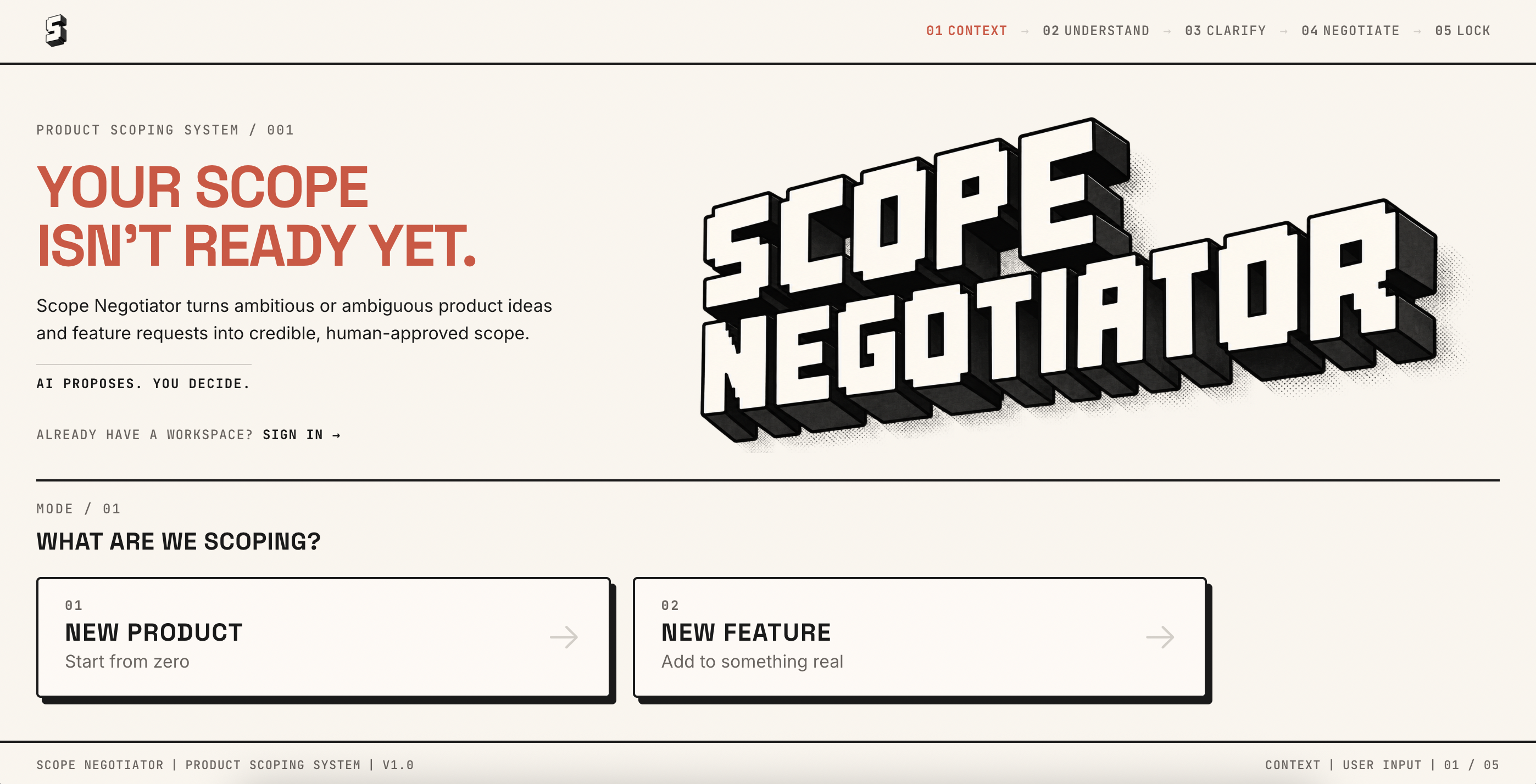 Scope Negotiator application showing the negotiate stage with scope items classified as Ship, Negotiate and Cut
