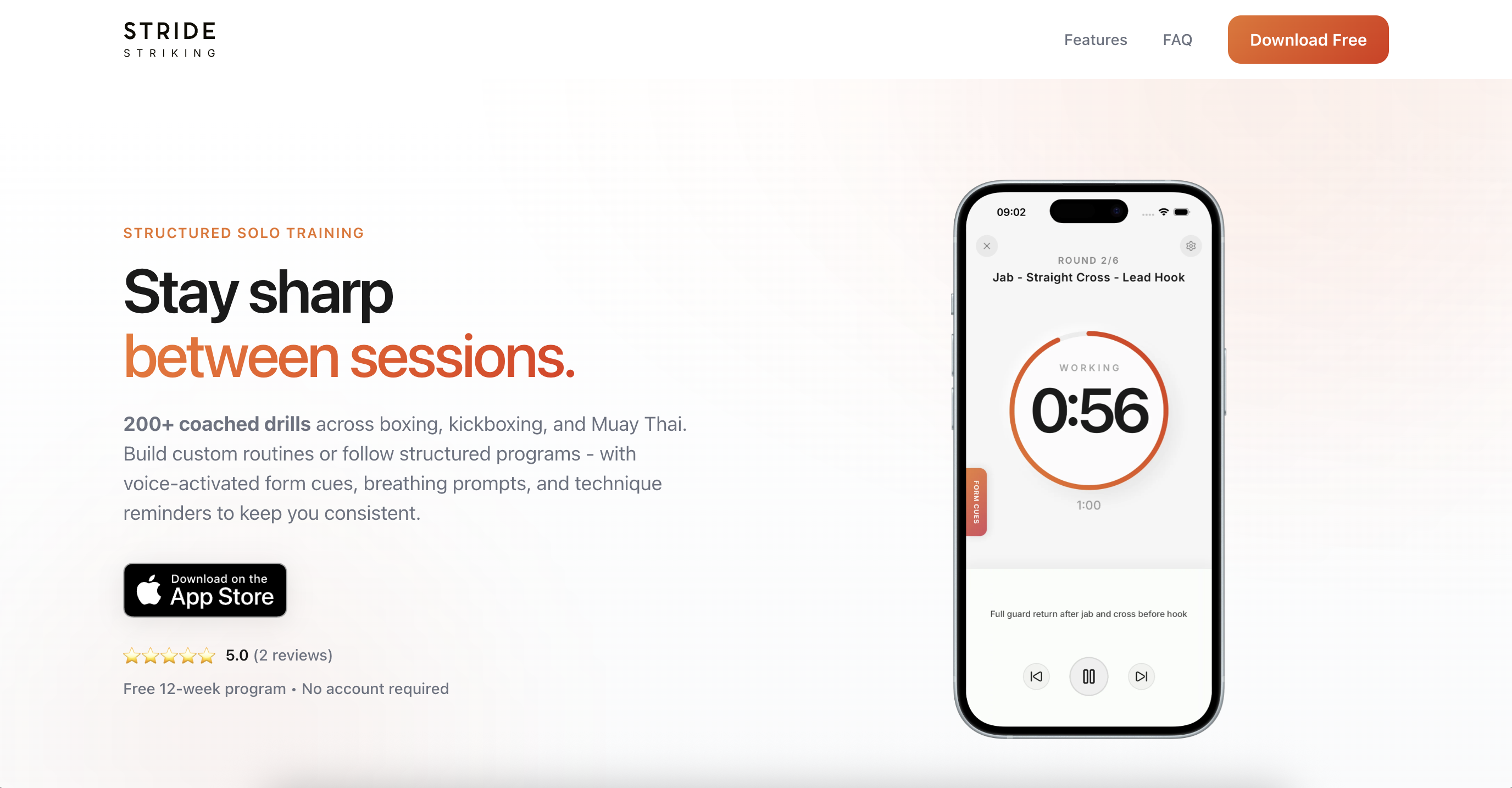 Stride Striking website showing the app in action with a guided striking round displaying combination and timer