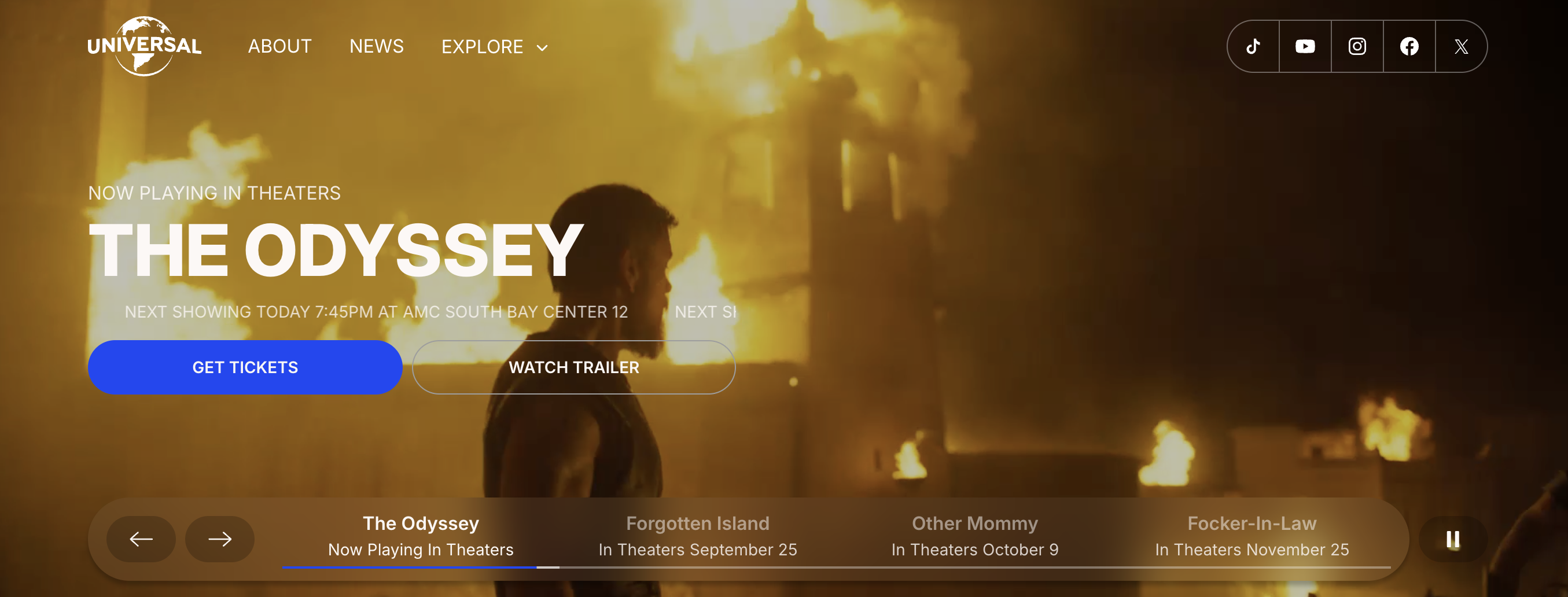Universal Pictures website featuring The Odyssey, now playing in theaters.