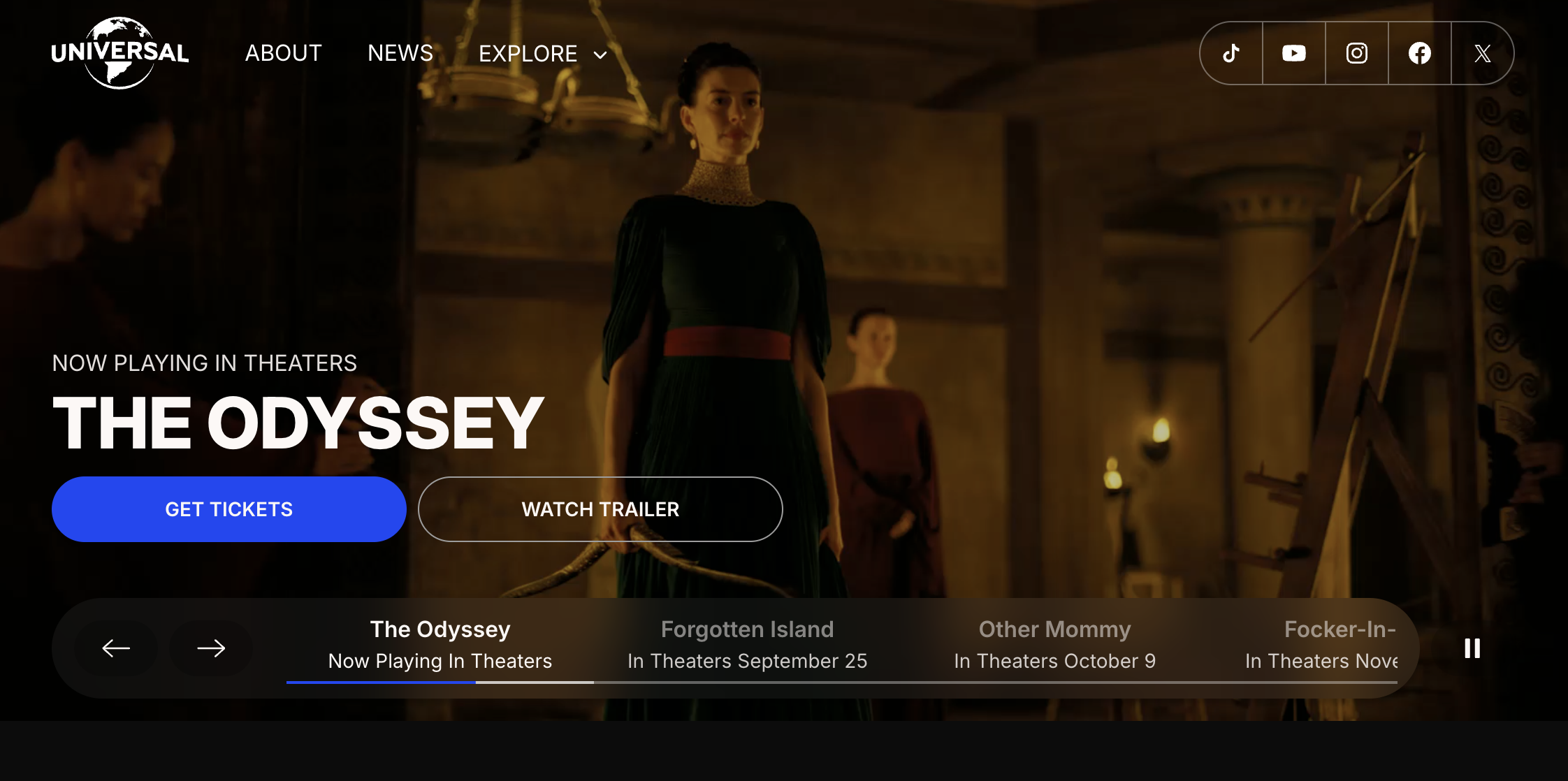 Universal Pictures website showing The Odyssey, now playing in theaters.